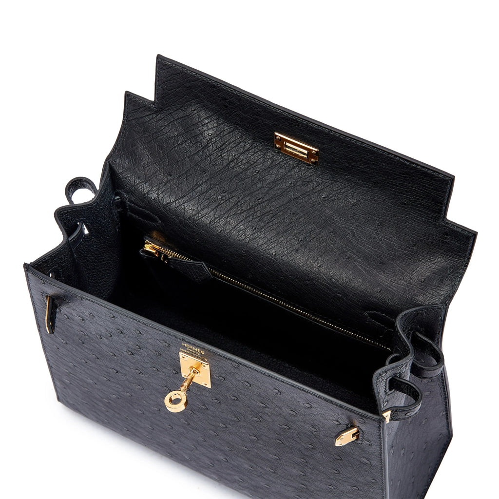 Kelly 25 Sellier Black Ostrich Gold Hardware