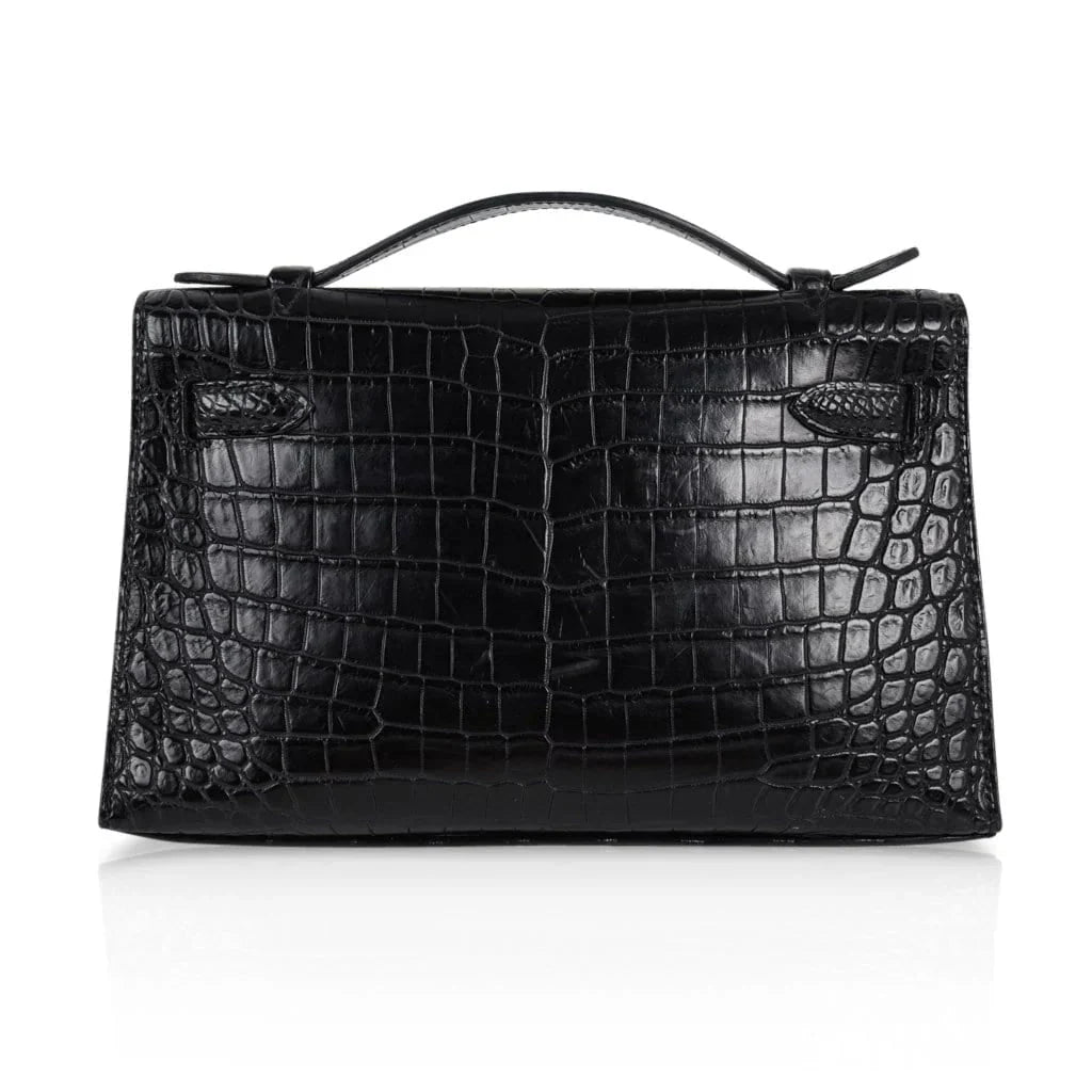 Kelly Pochette Bag Matte Black Crocodile Clutch Palladium